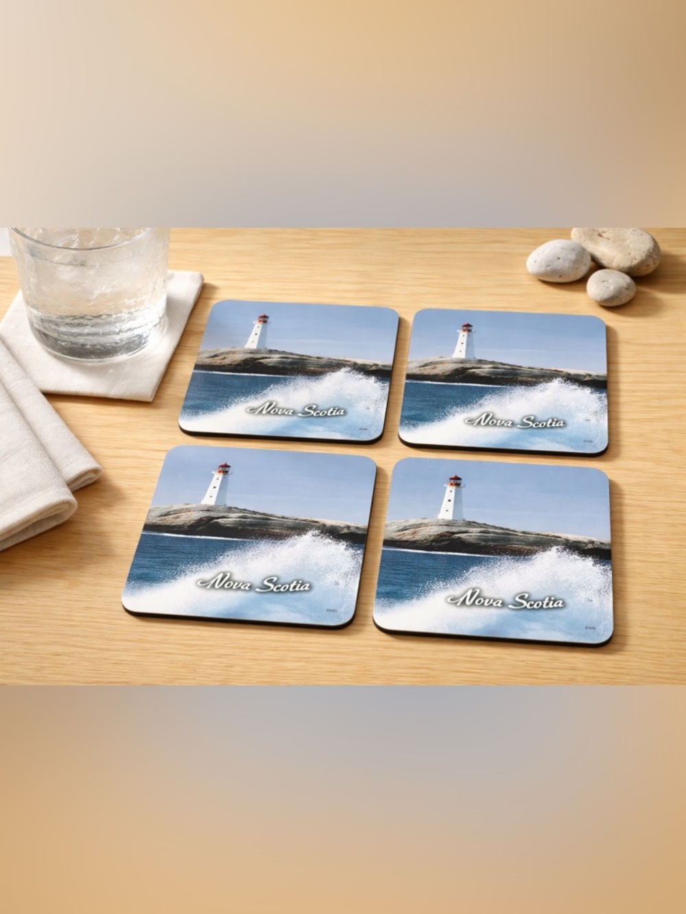 Vintage Nova Scotia Lighthouse Wood Cork Coasters Set of 4